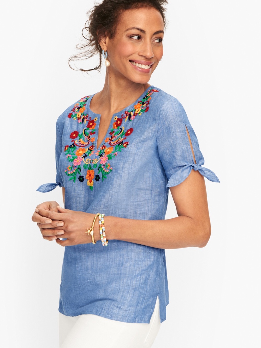 Talbots embroidered Linen popover blouse